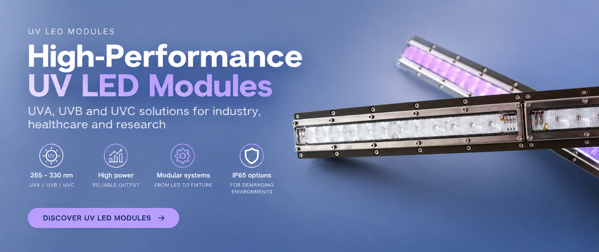 High-performance UVA, UVB and UVC LED modules with optics and complete UV irradiation light systems for industrial and healthcare applications
