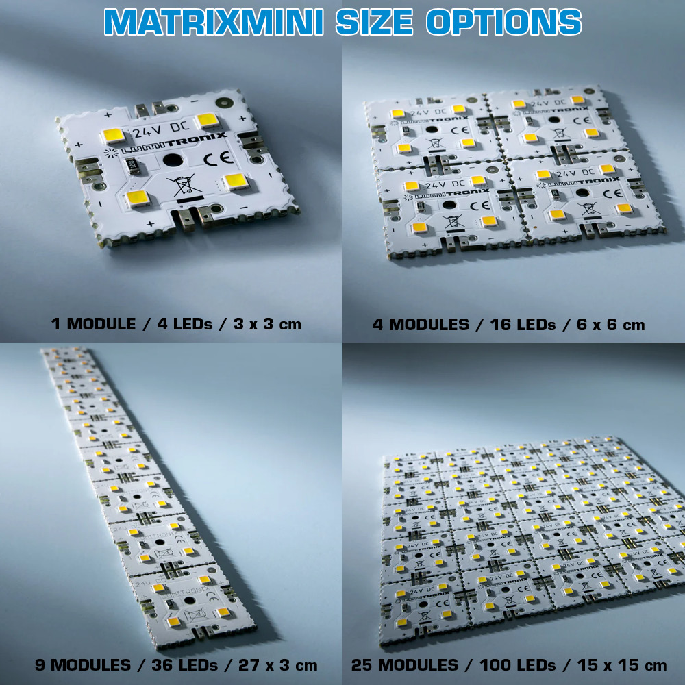 MatrixMini Configurable Nichia LED Module white CRI 70-99 1800-7800K 12/24/48V 4-504 LEDs 1.18"-16.54" (up to 11.000lm/sq ft)