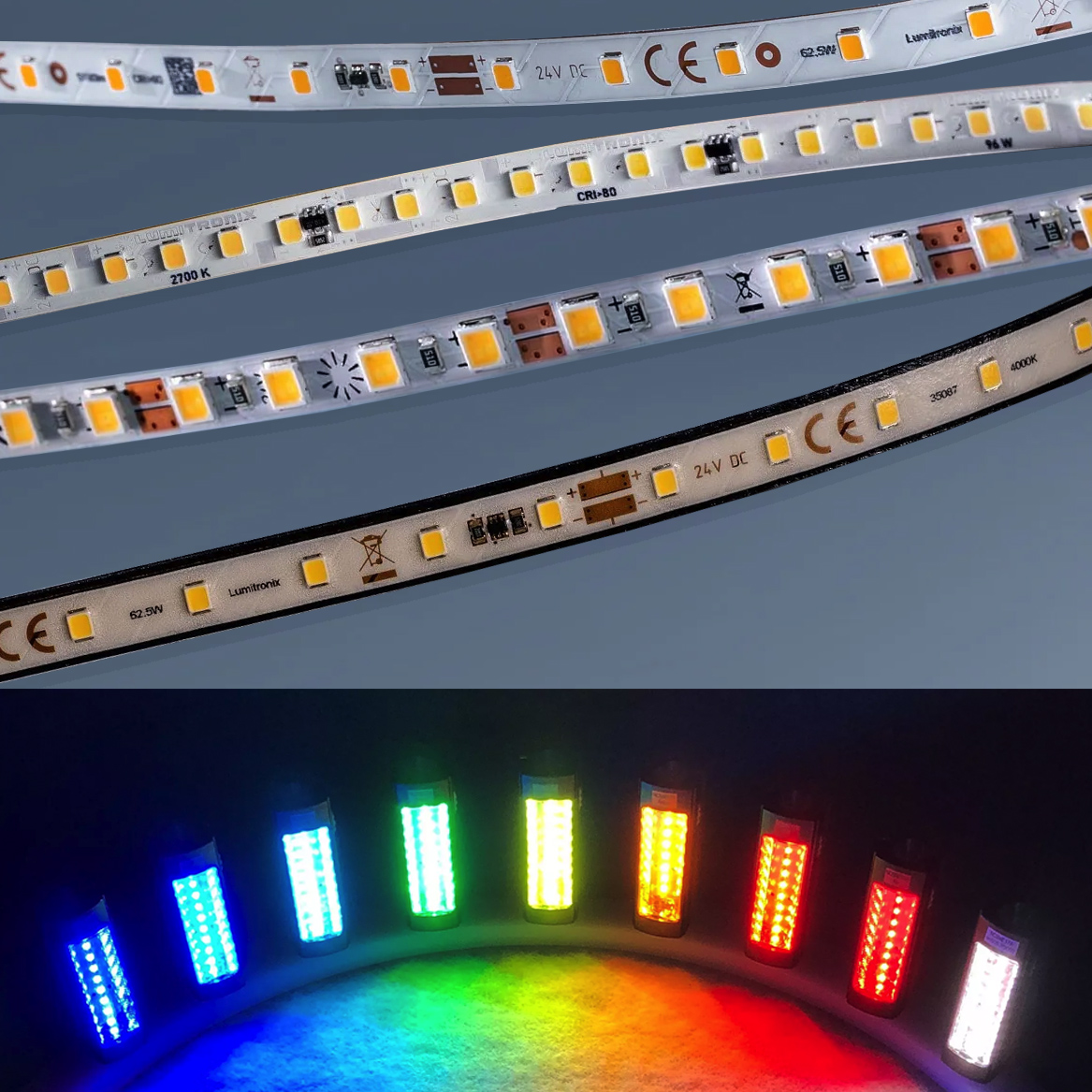 Custom Made Flexible Color LED Strips, Made in Germany, Nichia 757 LEDs, 12/24/48V, up to 164ft length & 0.2-0.79" width