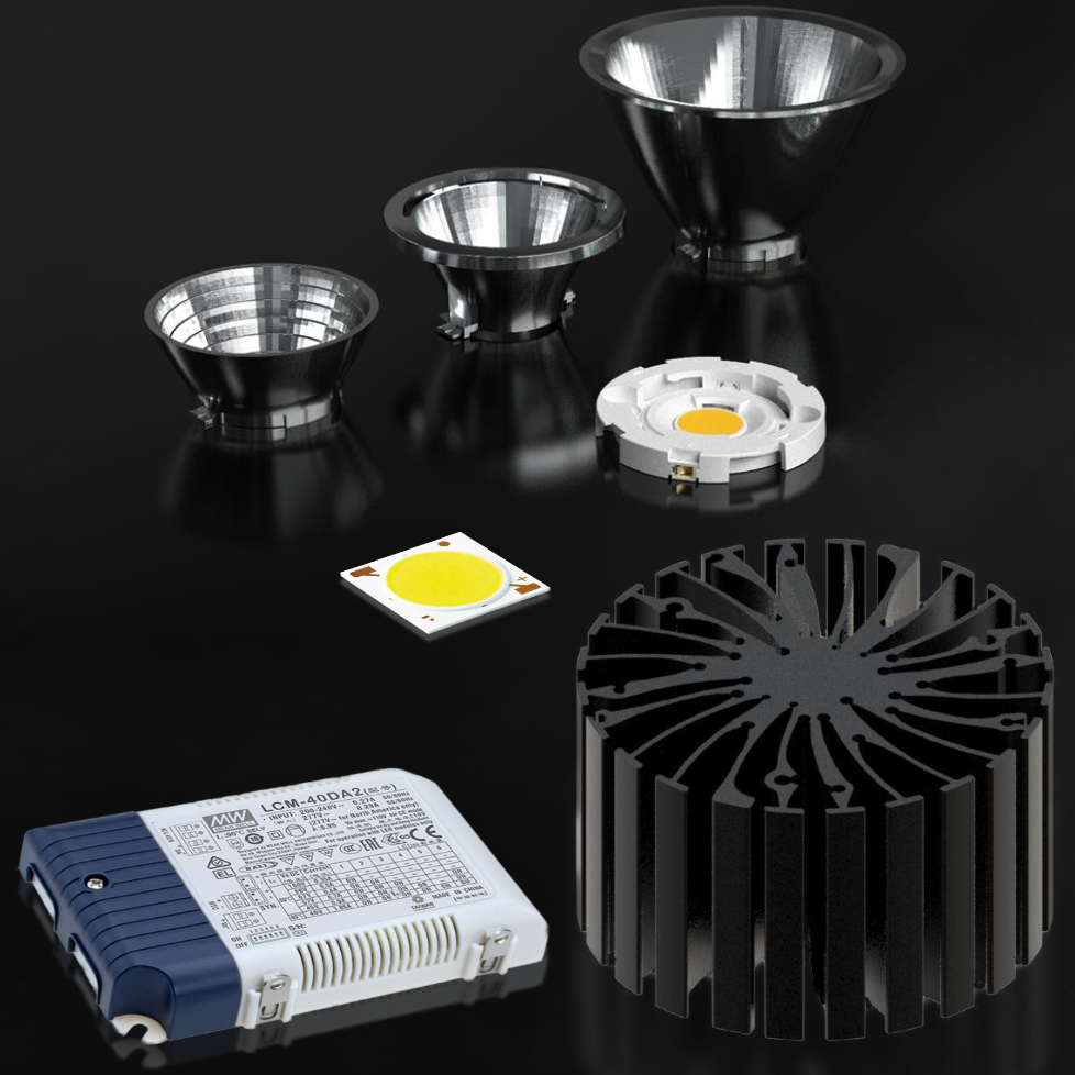 NICHIA COB Light-Engine, Square COB-S LEDs, LEDiL Optics, MechaTronix Heatsink (3000-5000lm, 2200-6500K, RA80-95)