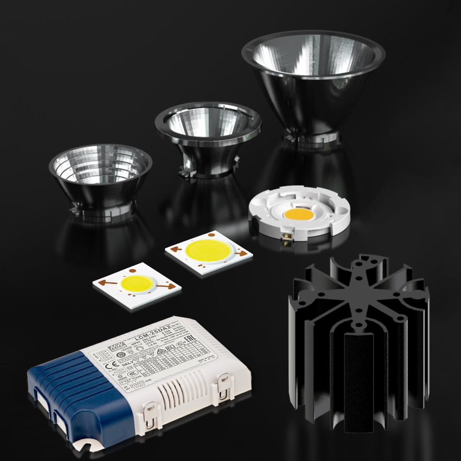 NICHIA COB Light-Engine, Square COB-S LEDs, LEDiL Optics, MechaTronix Heatsink (1000-2000lm, 2200-6500K, RA80-95)