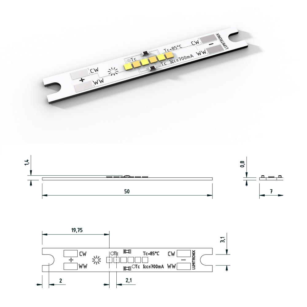 SmartArray-L6-TW Configurable  Nichia CSP LED Module 2 channel, TW, Dynasolis, Two Color, 6 LEDs, 1.97x0.28", Made in Germany (up to 675lm)